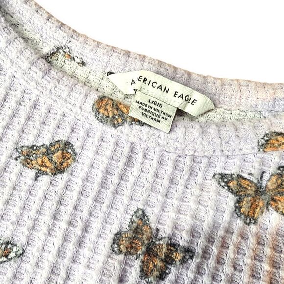 🌼4/$30 AE Purple Butterfly Waffle Knit Short Sleeve Ruffle Tee Large - Picture 3 of 5
